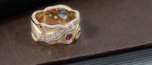 The Goldsmithy 9ct Yellow Gold Multi Diamond Saphhire and Ruby Wedding Ring